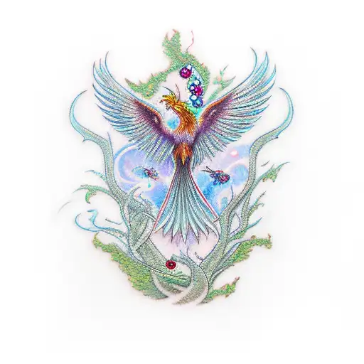 Phoenix With Two Fairy And One Elf