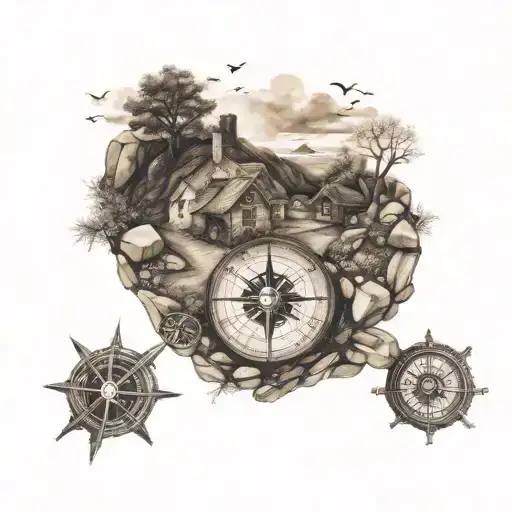 Surrounded Stone Road Leading Home With Small Compass Tattoo Idea