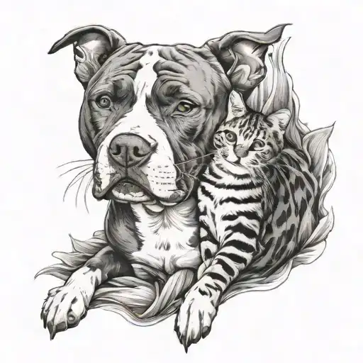 A Pitbull And A Cat In The Same Bed