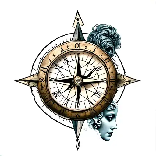 Clock Compass And Lady Head Surrounded
