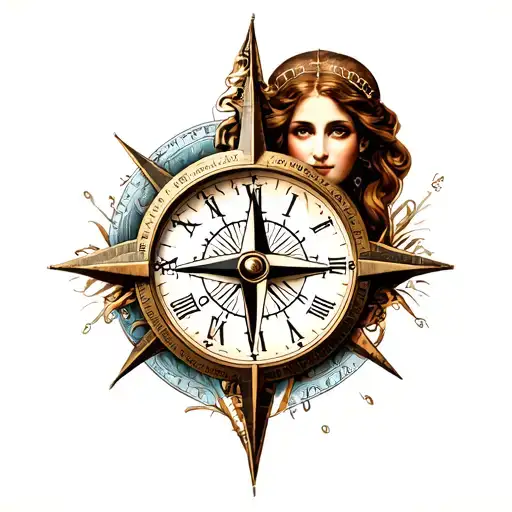 Clock Compass And Lady Head Surrounded