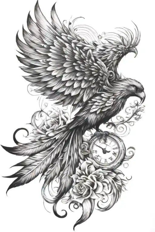 Phoenix Flying And A Clock And Flowers