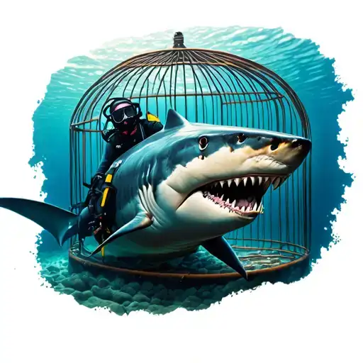 Realistic Great White Shark With Scuba Diver In A Shark Cage