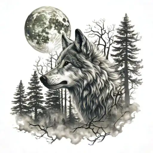 A Mystical Forest Scene With A Wolf Howling At The Moon