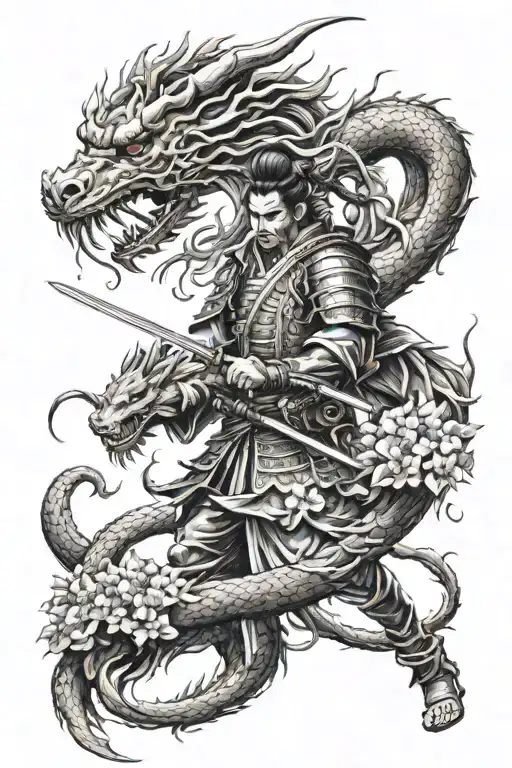 Samurai Warrior And Samurai Sword And Dragon And Cherry Blosum Tree
