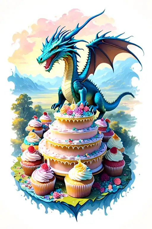 A Majestic Dragon Flying Over A Landscape Of Giant Cakes And Cupcakes