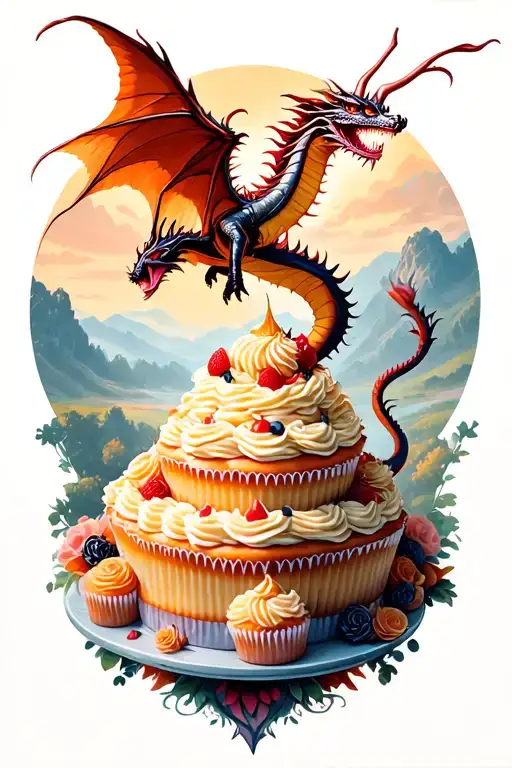 A Majestic Dragon Flying Over A Landscape Of Giant Cakes And Cupcakes