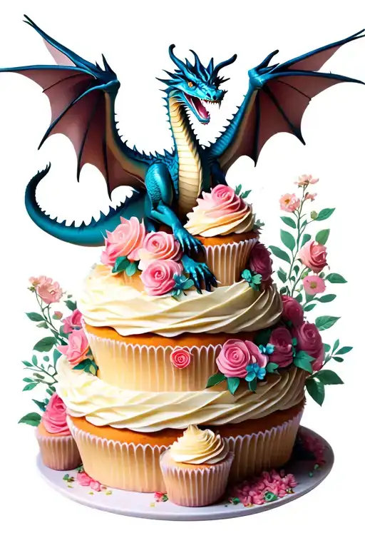 A Majestic Dragon Flying Over A Landscape Of Giant Cakes And Cupcakes