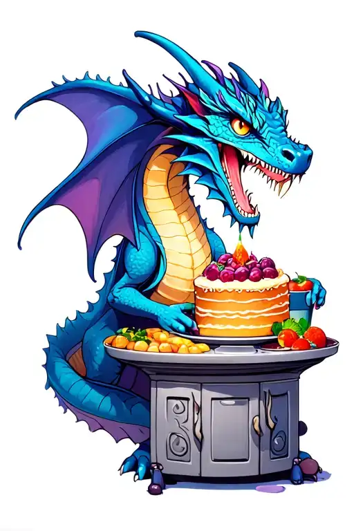 A Whimsical Scene Of A Dragon Baking A Cake In A Magical Kitchen Filled With Enchanted Ingredients