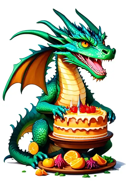 A Whimsical Scene Of A Dragon Baking A Cake In A Magical Kitchen Filled With Enchanted Ingredients