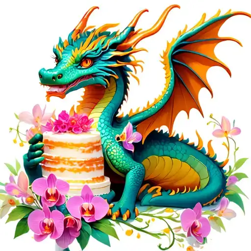 Colorful Dragon Holding A Cake With Orchid Embellishments