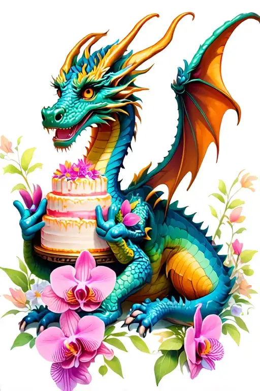 Colorful Dragon Holding A Cake With Orchid Embellishments