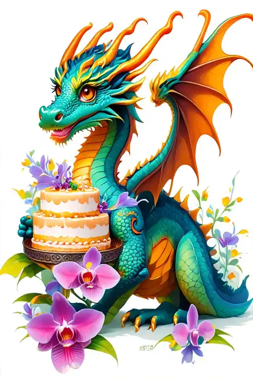 Colorful Dragon Holding A Cake With Orchid Embellishments