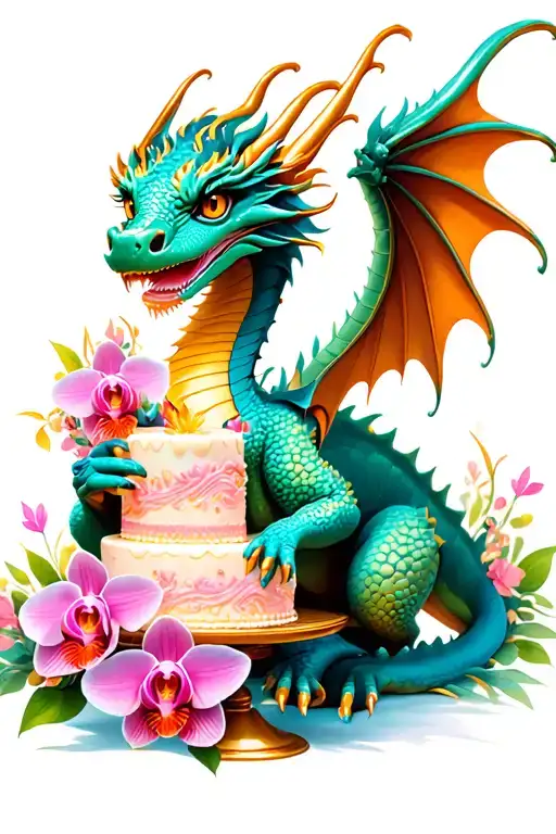 Colorful Dragon Holding A Cake With Orchid Embellishments
