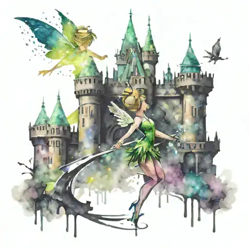 A Water Colour Silhouette Of Tinker Bell Sprinkling Pixie Dust Over A Magical Castle