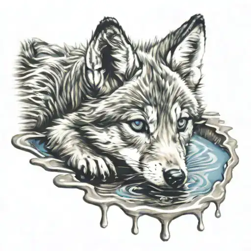 Wolf Cub With Blue Eyes Looking In Puddle At Himself As A Full Grown Wolf With Red Eyes