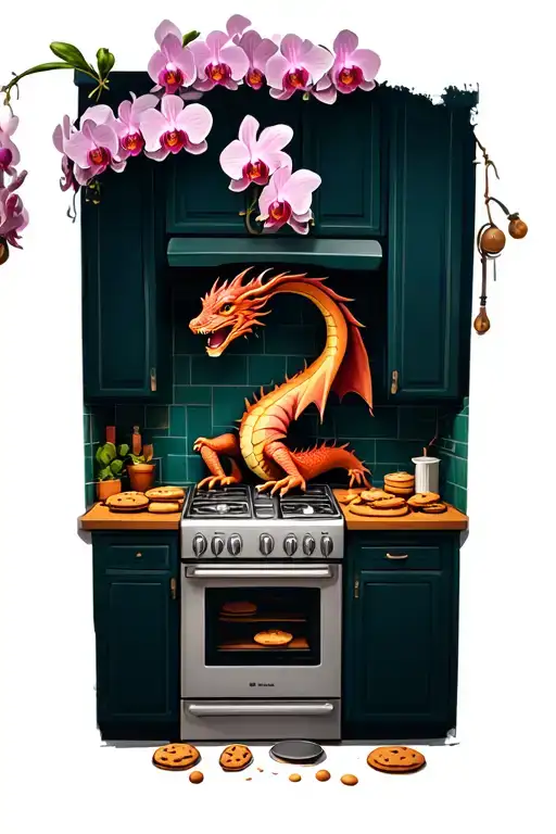Whimsical Dragon Baking Cookies In A Kitchen Filled With Orchids