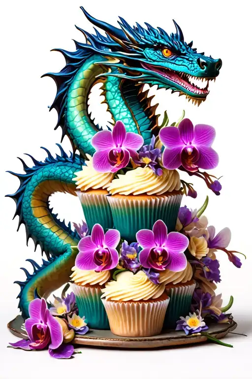 Dragon Themed Cupcake Tower With Intricate Orchid Decorations