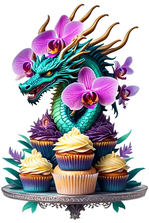 Dragon Themed Cupcake Tower With Intricate Orchid Decorations