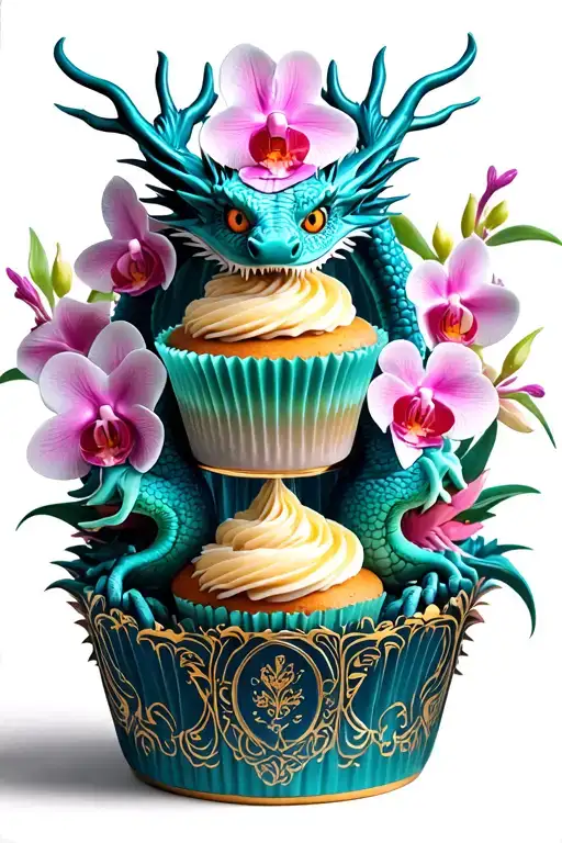 Dragon Themed Cupcake Tower With Intricate Orchid Decorations