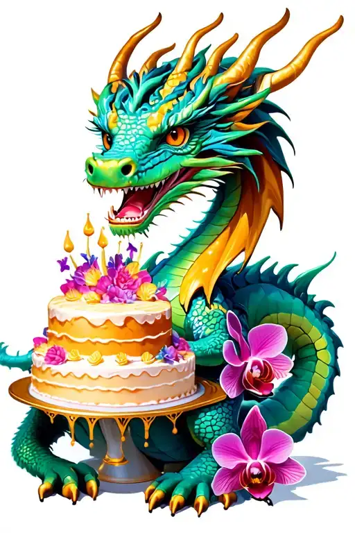 Colorful Dragon Holding A Cake With Orchid Embellishments