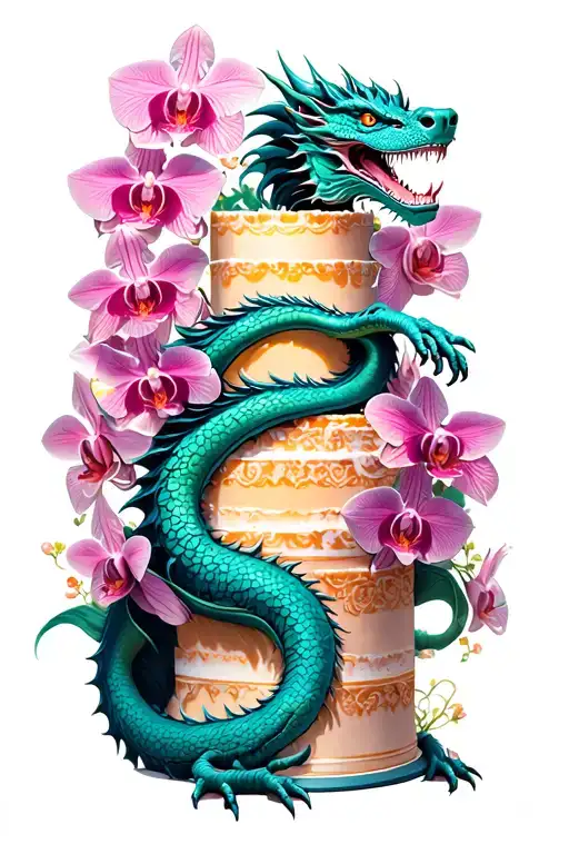 Dragon Wrapped Around A Tall Cake With Orchids Intertwined
