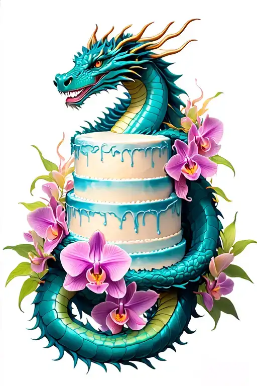 Dragon Wrapped Around A Tall Cake With Orchids Intertwined
