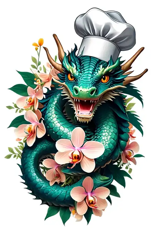 Dragon Wrapped Around A Bouquet Of Orchids With A Chef's Hat On Top