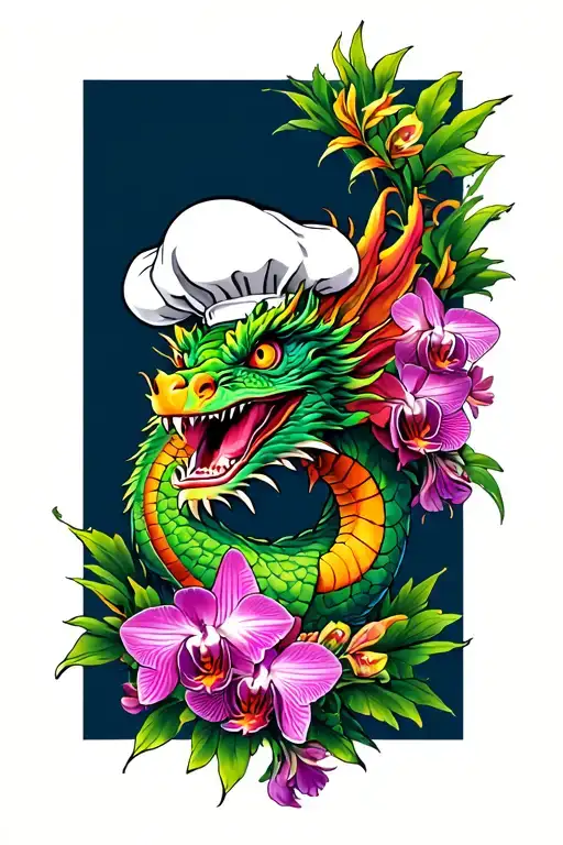 Dragon Wrapped Around A Bouquet Of Orchids With A Chef's Hat On Top