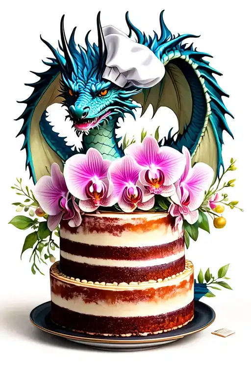 Dragon Wrapped Around A Cake With A Bouquet Of Orchids With A Chef's Hat On Top