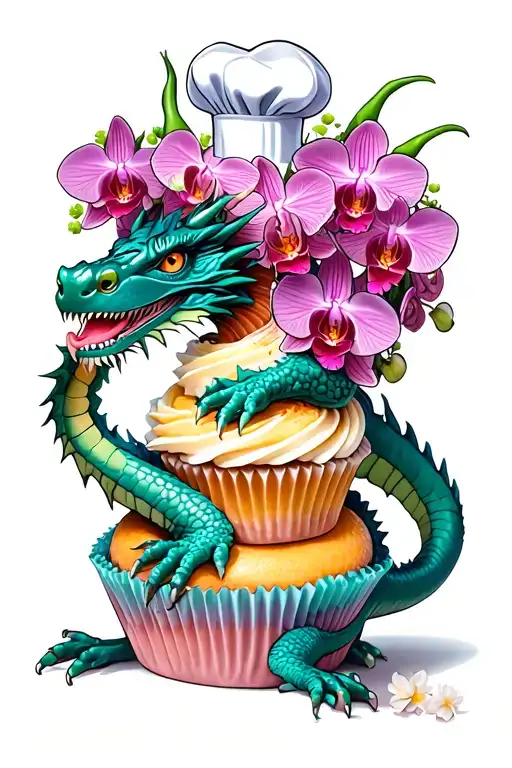 Dragon Wrapped Around A Cupcake Tower With A Bouquet Of Orchids With A Chef's Hat On Top