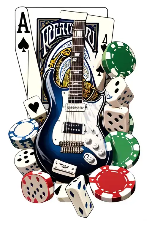 Electric Guitar Poker Chips Playing Cards Dice Scattered