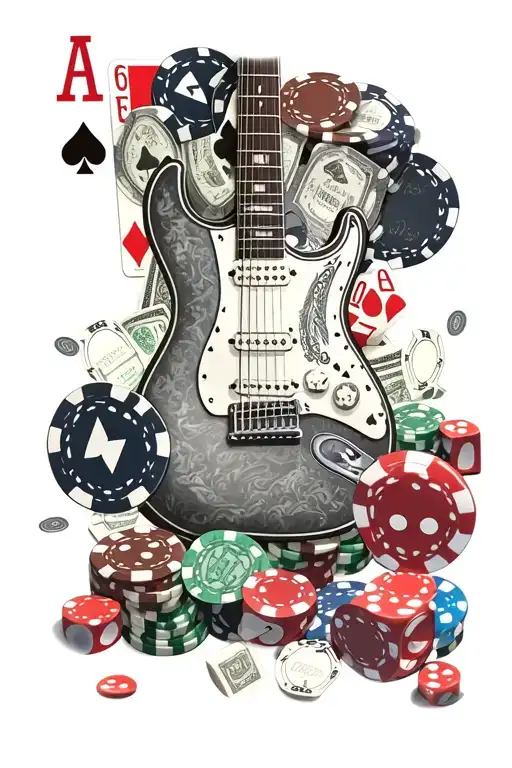 Electric Guitar Poker Chips Playing Cards Dice Scattered Money