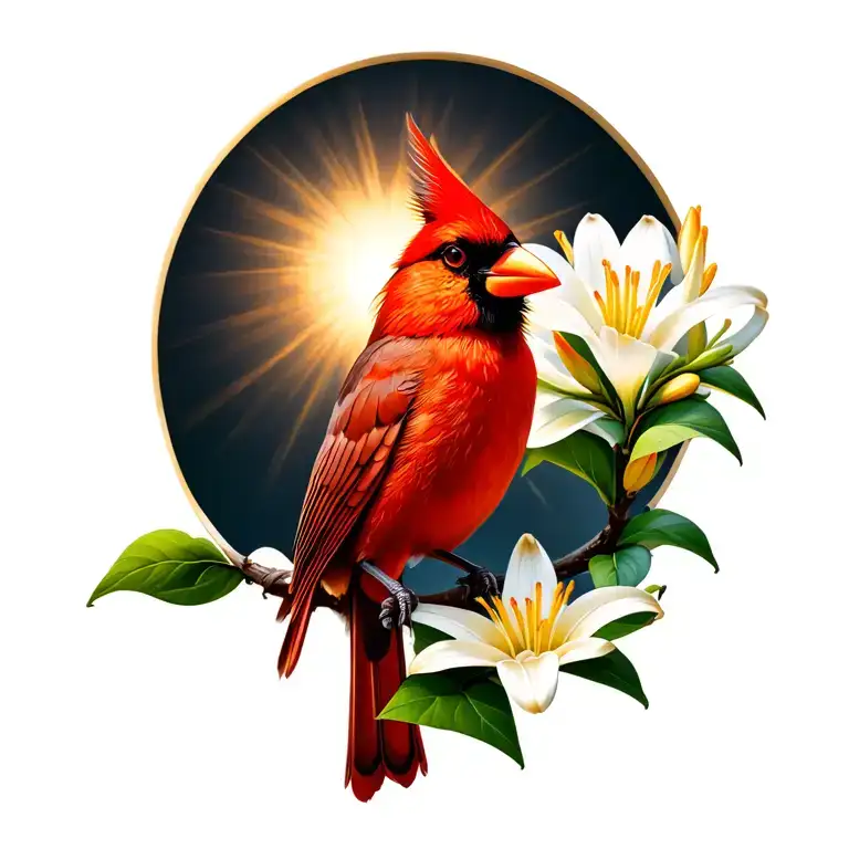 Majestic Cardinal Bird On Lily Branch With Brilliant Shining Sun As Background