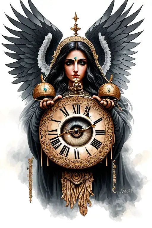 Isis Goddess Holding Clock And Eye In The Middle With Wings