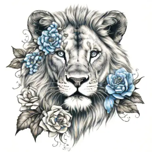 Lion Head With Blue Eyes Surrounded By Flowers