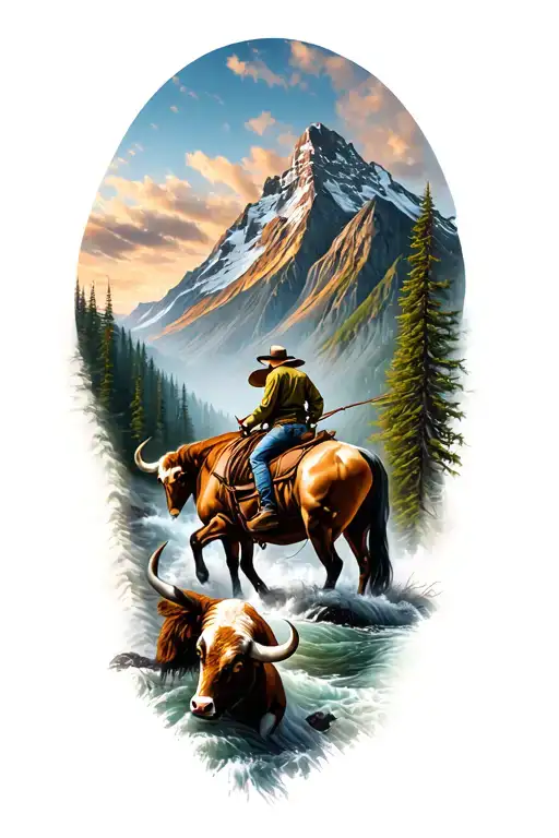 Mountain With River Flowing And Bull Rider At The Bottom
