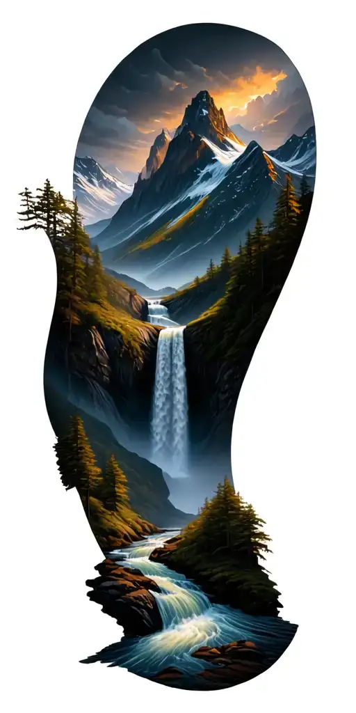 Mountain With River Flowing And Waterfall At The Bottom