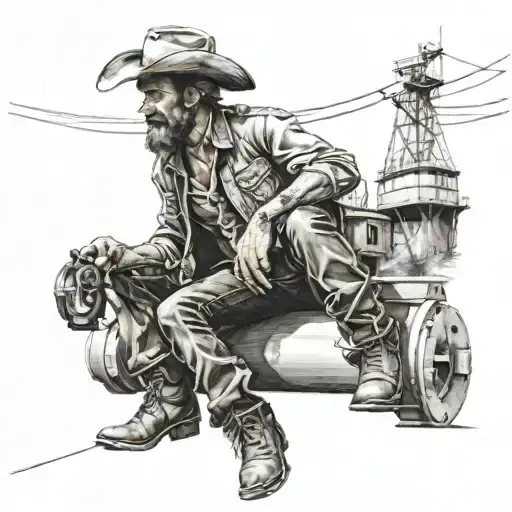 Human Size Cowboy Sitting On The Side Of A Tugboat