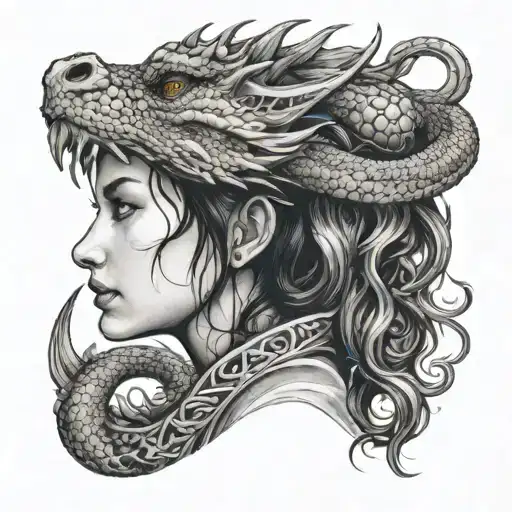 Dragon And Girl Side Profile Traditional Lady Head