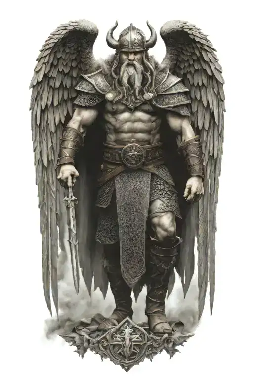 Viking Warrior With Symmertical Face Full Body With Wings Facing Straightforward