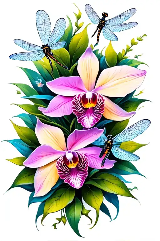Exotic Orchid Flower Tattoo With Dragonflies Flying