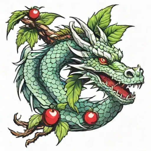 Dragon Wrapped Around Cherry Branch With Green Leaves