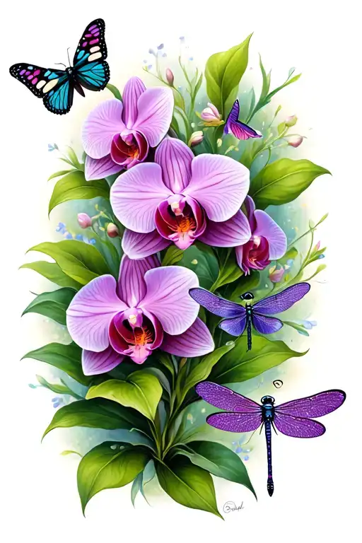 A Traditional Tattoo Of A Mother Orchid Surrounded By Her Butterfly And Dragonfly Children