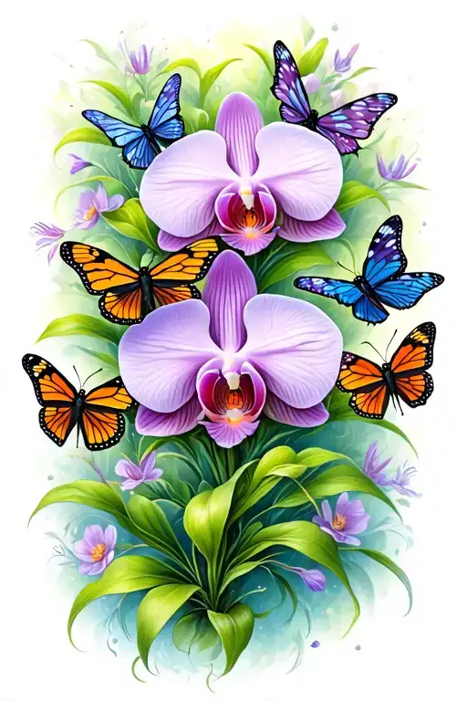 A Traditional Tattoo Of A Mother Orchid Surrounded By Her Butterfly And Dragonfly Children