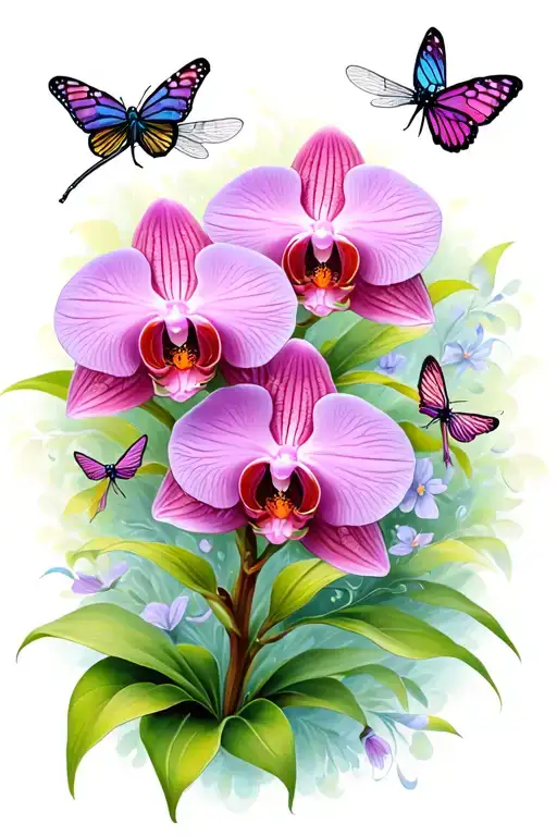 A Traditional Tattoo Of A Mother Orchid Surrounded By Her Butterfly And Dragonfly Children