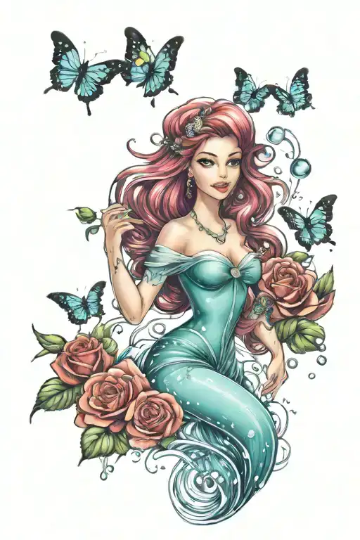 Princess Ariel Full Body Image Holding A Rose With Bubbles And Butterflies Around Her In Colour