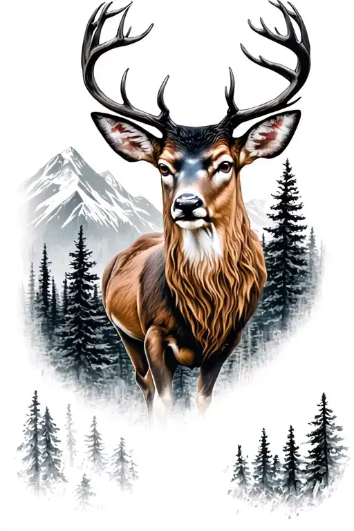 Tattoo Of A Deer In A Mountain Forest