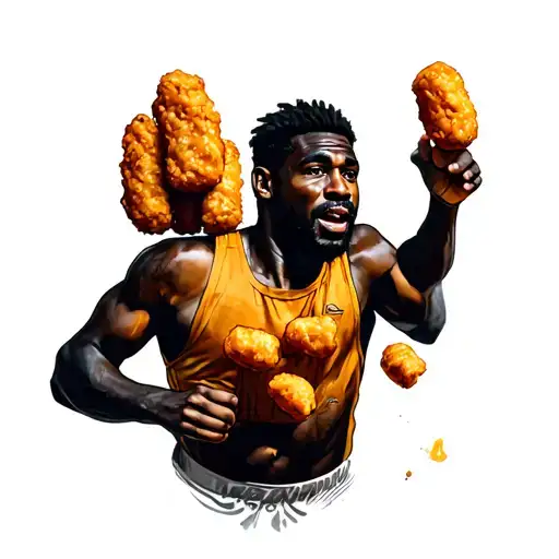 Black Skin Man Is Running With Chicken Nugget