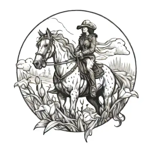 A Dotwork Design Of A Cowgirl Riding A Horse Through A Field Of Tulips